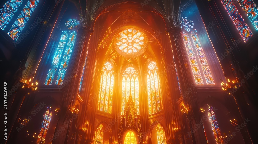 Obraz premium Interior of a church with stained glass windows and warm light.