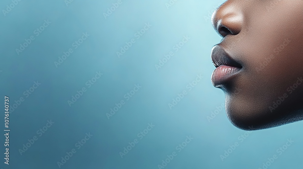 Close-Up Profile of a Dark Skin Female Face with Glossy Lips Against a Soft Blue Background, Perfect for Beauty or Skin Care Themes in Editorial Use