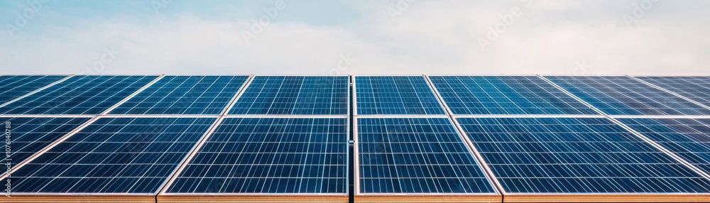 A panoramic view of solar panels capturing sunlight, showcasing their blue surfaces against a clear sky. A panoramic view of solar panels capturing sunlight, showcasing their blue surfaces against a clear sky.