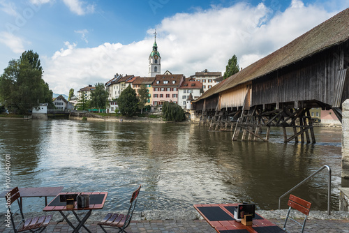 Aare river and old town of Olten with historic wooden bridge, Canton of Solothurn, Switzerland