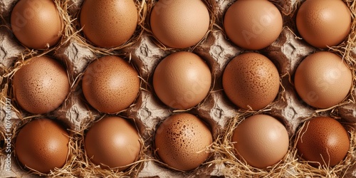 A detailed view of eggs situated in a tray made of straw and cardboard, highlighting their arrangement within this eco friendly container. photo