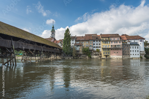 Aare river and old town of Olten with historic wooden bridge, Canton of Solothurn, Switzerland