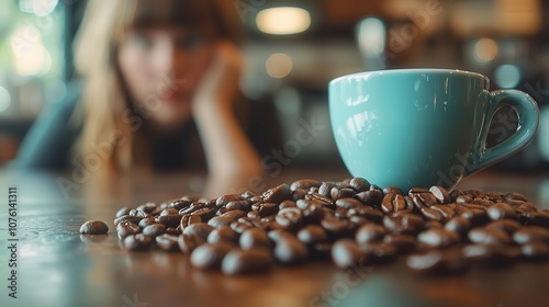 A close-up of a coffee cup surrounded by beans capturing the essence of a cozy cafe atmosphere photo