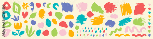 Vintage colorful naive brush paint strokes. Kids hand drawn blobs, clouds, speech bubbles. Vector ink texture. Retro fun quirky childish text frames, highlights, flowers and leaves. Bold funky dots