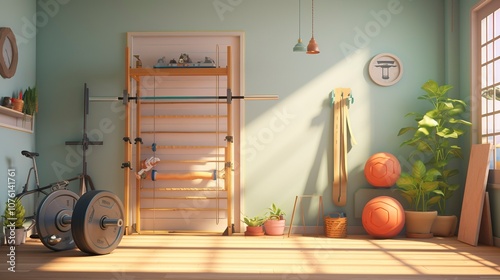 A photo of a 3D character setting up a home gym