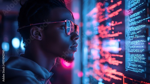 Over-the-shoulder shot of a programmer testing VR code, large holographic interface displaying virtual objects and coding errors, sleek tech office with modern decor, neon reflections, sharp focus,
