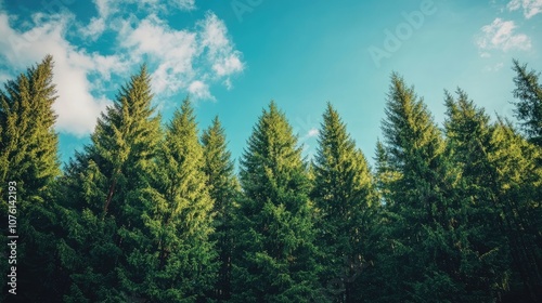 Horizontal shot of coniferous fir trees in a vibrant summer forest against a blue sky, perfect for concepts of tourism, camping, and exploring the beauty of nature.