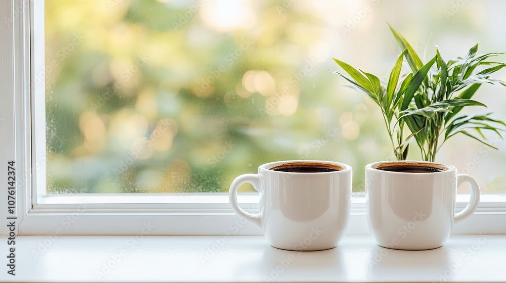 Coffee in two white mugs accompanied by a potted plant on a bright white windowsill, creating a serene and inviting atmosphere with ample copy space for your creative needs. Coffee in two white mugs accompanied by a potted plant on a bright white windowsill, creating a serene and inviting atmosphere with ample copy space for your creative needs.