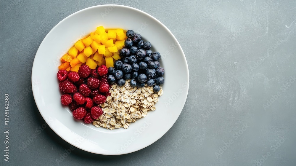 Colorful muesli arranged on a white plate in a close-up view. This vibrant muesli makes for a delightful and healthy breakfast, complemented by ample photo space. Colorful muesli arranged on a white plate in a close-up view. This vibrant muesli makes for a delightful and healthy breakfast, complemented by ample photo space.