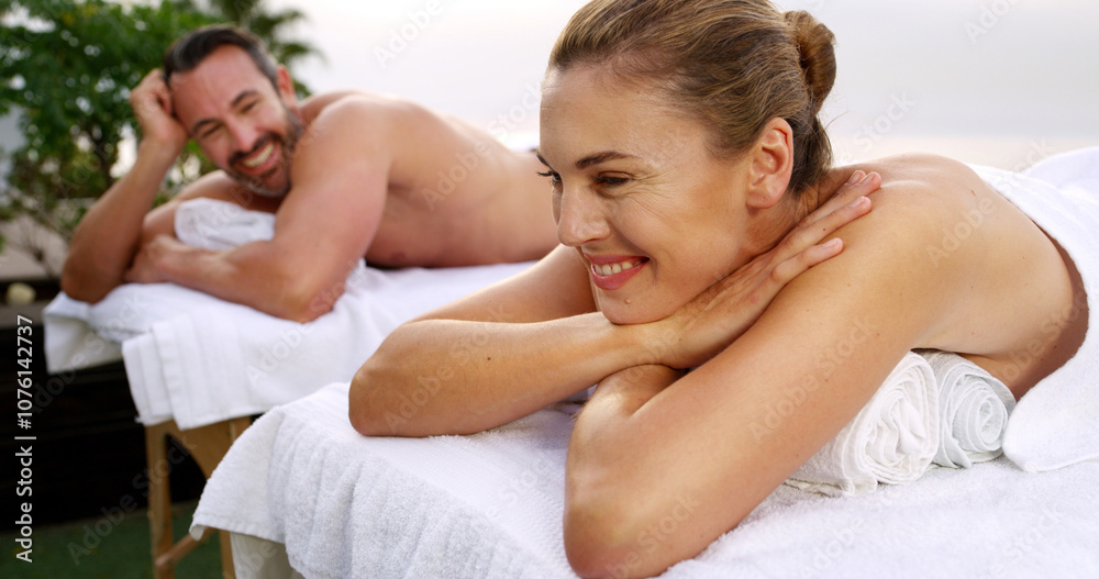 Massage, relax and smile with couple at spa together for holistic or stress relief treatment. Health, luxury or wellness with happy man and woman on table at beauty salon or resort for satisfaction Massage, relax and smile with couple at spa together for holistic or stress relief treatment. Health, luxury or wellness with happy man and woman on table at beauty salon or resort for satisfaction