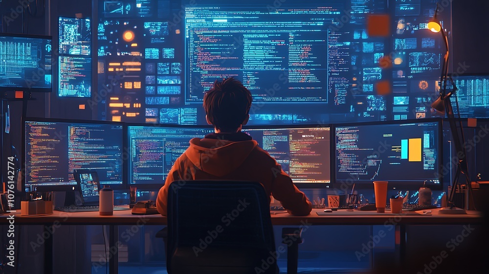 Over-the-shoulder view of a programmer coding at a hackathon, multiple screens filled with lines of code, desk cluttered with energy drinks and sticky notes, Over-the-shoulder view of a programmer coding at a hackathon, multiple screens filled with lines of code, desk cluttered with energy drinks and sticky notes,