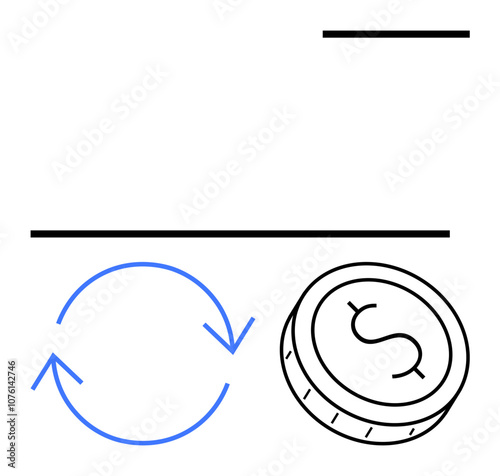 Dollar coin next to blue circular arrows indicates financial exchange. Ideal for finance, banking, currency conversion, economic transactions, international trade, investment strategies, monetary