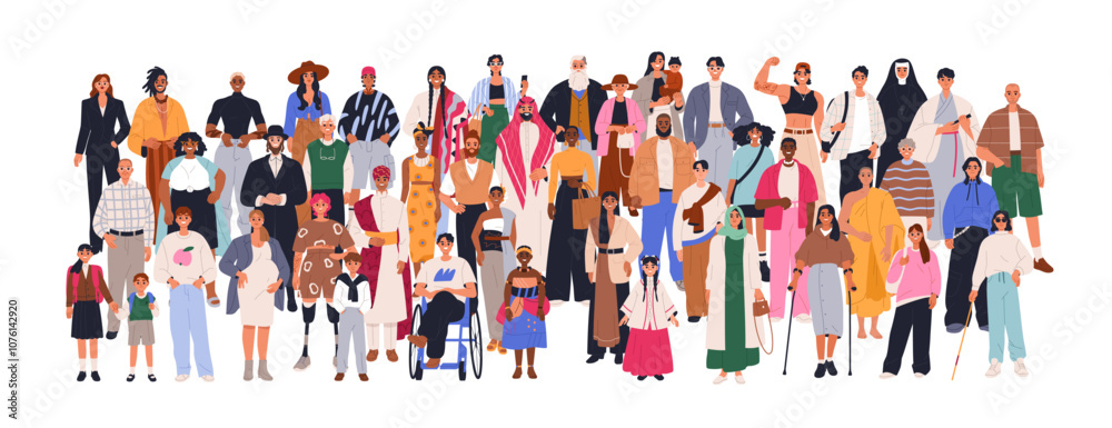 Fototapeta premium Diverse crowd. Multicultural inclusive society. Multiracial international group, people with disabilities, different culture, race. Flat graphic vector illustration isolated on white background