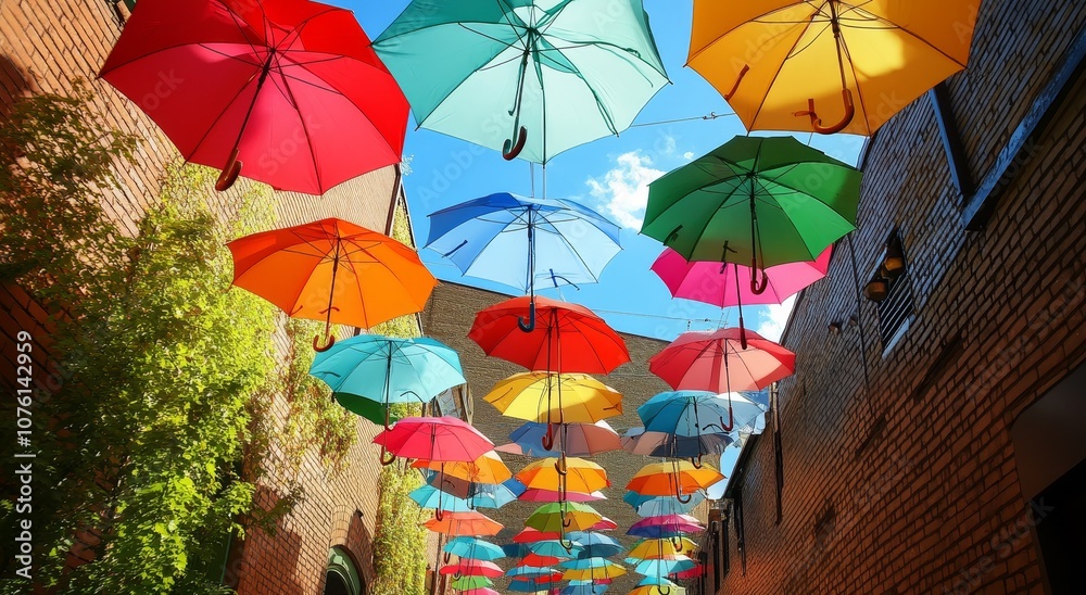 Obraz premium A colorful display of umbrellas hang above an alleyway, creating a vibrant and whimsical atmosphere.