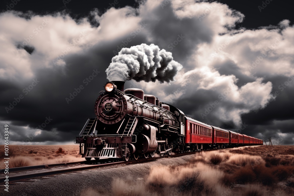 Obraz premium Detailed Realms: The Steam Train on a Vintage Track