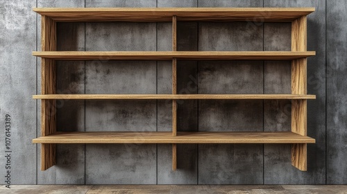 Empty wooden bookcase against a grey wall, offering a minimalist aesthetic. The wooden bookcase presents ample copy space for a clean, stylish look.