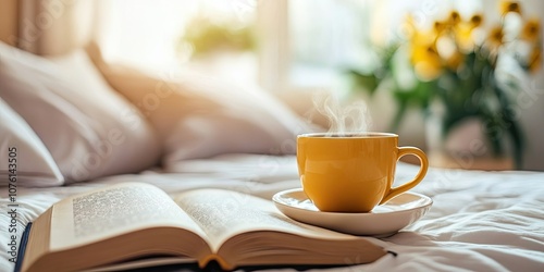 A fragrant coffee cup rests on a bedside table next to an open book, with a warm and inviting bed setting in the background, capturing a morning vibe perfectly.