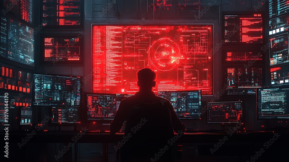 Programmer monitoring a real-time network security dashboard, multiple red warning alerts and data graphs, tech office filled with multiple screens, dark ambiance with vibrant reflections, Programmer monitoring a real-time network security dashboard, multiple red warning alerts and data graphs, tech office filled with multiple screens, dark ambiance with vibrant reflections,