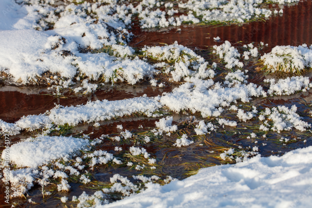 A snowy landscape with a stream of water and snow on the ground A snowy landscape with a stream of water and snow on the ground