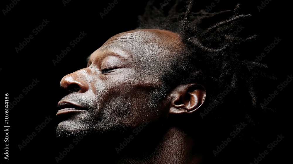 Introspective Portrait of a Man with Dreadlocks in Profile, Capturing Deep Emotion and Serenity against a Black Background Introspective Portrait of a Man with Dreadlocks in Profile, Capturing Deep Emotion and Serenity against a Black Background