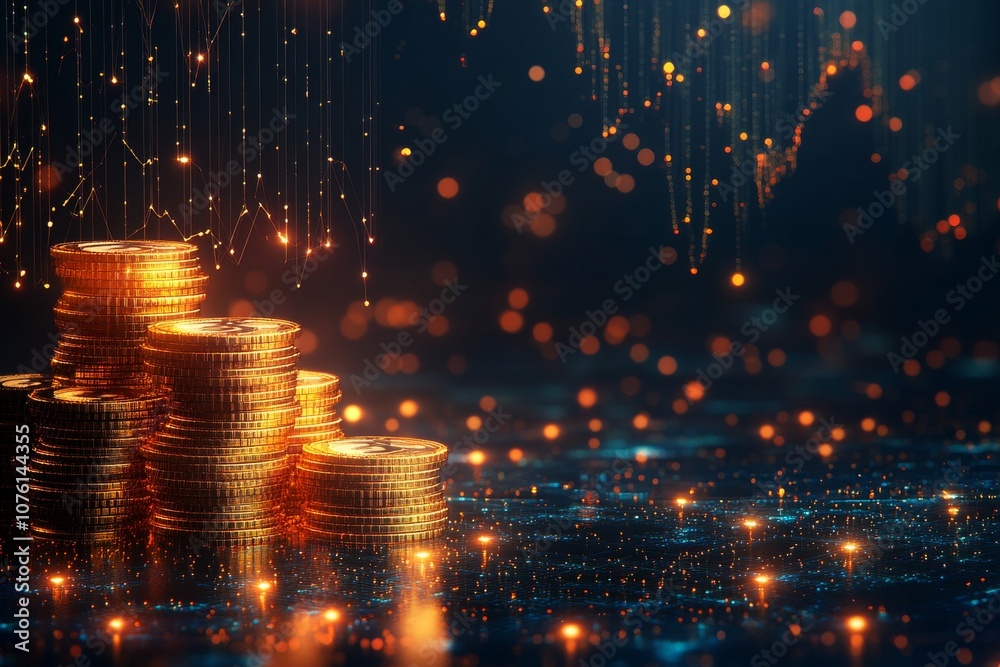 Obraz premium Golden Coins Stacked on a Glittering Digital Landscape