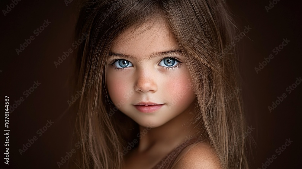 Captivating Portrait of a Young Girl with Long Brown Hair and Stunning Blue Eyes, Radiating Innocence and Wonder in a Soft Ethereal Lighting Background Captivating Portrait of a Young Girl with Long Brown Hair and Stunning Blue Eyes, Radiating Innocence and Wonder in a Soft Ethereal Lighting Background