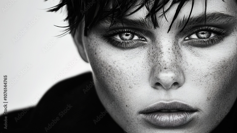 Obraz premium Black and White Portrait of a Young Woman with Freckles and Stunning Eyes, Captures Raw Emotions and Intense Expressions, Ideal for Fashion and Beauty Themes