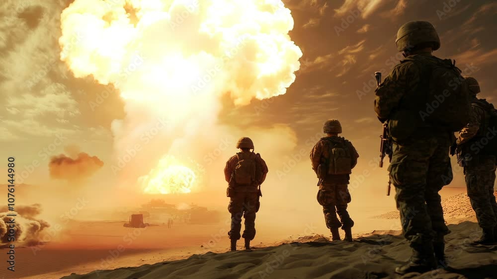 A Dramatic Nuclear Explosion Occurs, While Soldiers Observe the Catastrophic Aftermath of the Devastation A Dramatic Nuclear Explosion Occurs, While Soldiers Observe the Catastrophic Aftermath of the Devastation