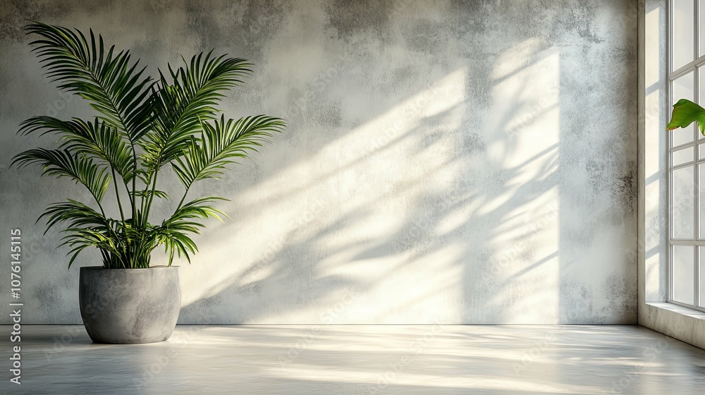 A potted palm tree in a minimalist room with a window and sunbeams A potted palm tree in a minimalist room with a window and sunbeams