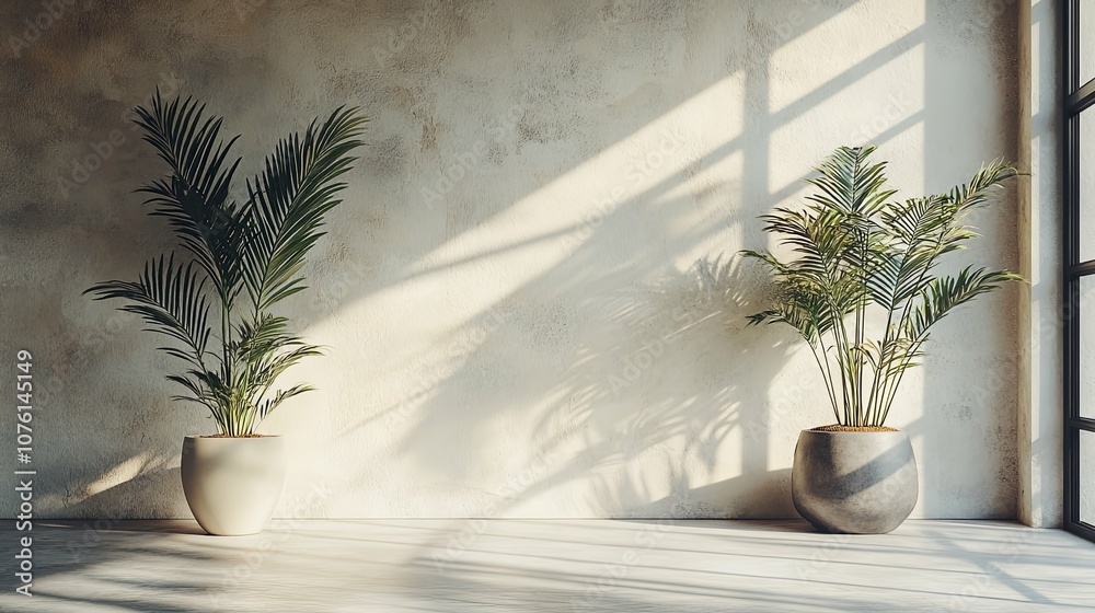 Two potted palm trees against a beige wall with sunlight streaming in Two potted palm trees against a beige wall with sunlight streaming in