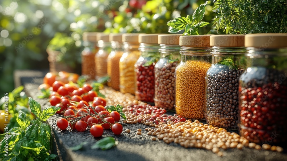 Jars of seeds and fresh tomatoes in a vibrant garden setting. Jars of seeds and fresh tomatoes in a vibrant garden setting.