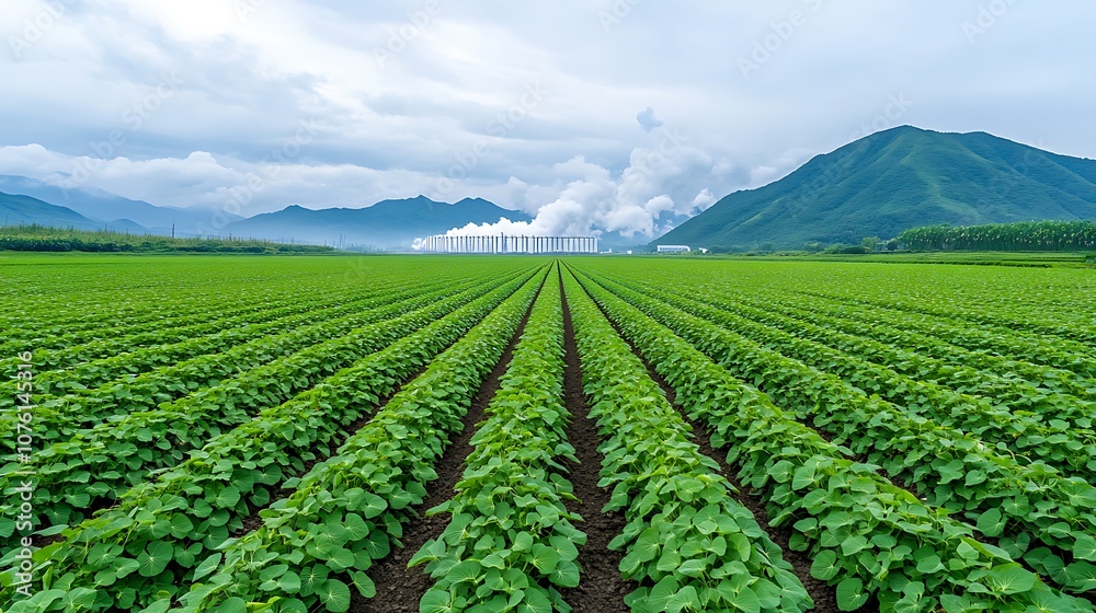 Green Field Rows Leading Towards Distant Mountains Green Field Rows Leading Towards Distant Mountains