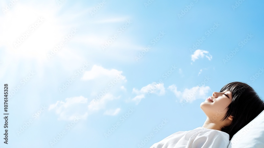 Peaceful Woman Relaxing Under Blue Sky with Bright Sunlight, Enjoying the Beauty of Nature and Finding Inner Calmness and Serenity in a Tranquil Outdoor Environment Peaceful Woman Relaxing Under Blue Sky with Bright Sunlight, Enjoying the Beauty of Nature and Finding Inner Calmness and Serenity in a Tranquil Outdoor Environment