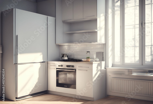 apartment interior modern bright emptiness simplicity furniture home kitchen refrigerator