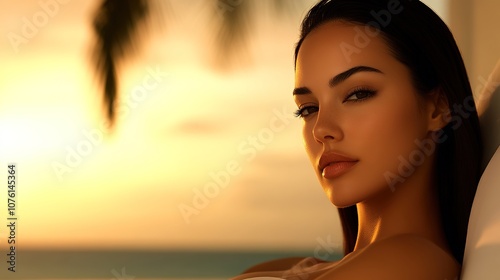 Serene Woman Relaxing at Sunset on a Tropical Beach with Soft Waves and Lush Palm Trees in Background Exuding Tranquility and Natural Beauty