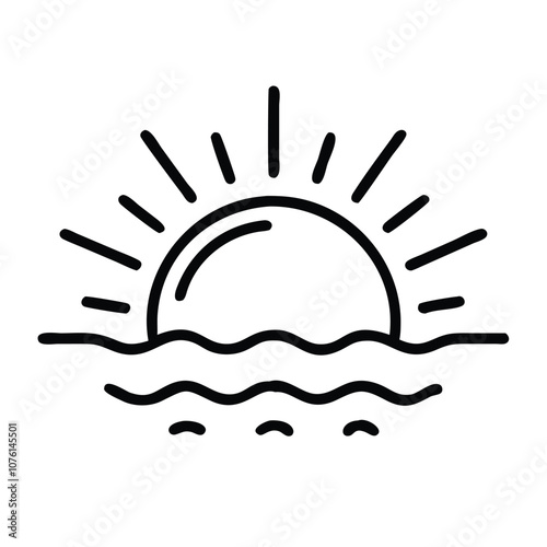 Sunrise icon with waves outline, Vector outline icon of a sunrise with wavy lines, representing dawn, ocean view, and morning light in a minimalist design.
