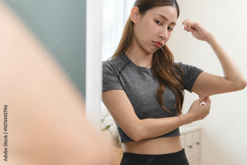 © Pormezz - Body care and weight loose concept, Close-up shot of woman looking at mirror grab her skin around under arm and worry about her figure.