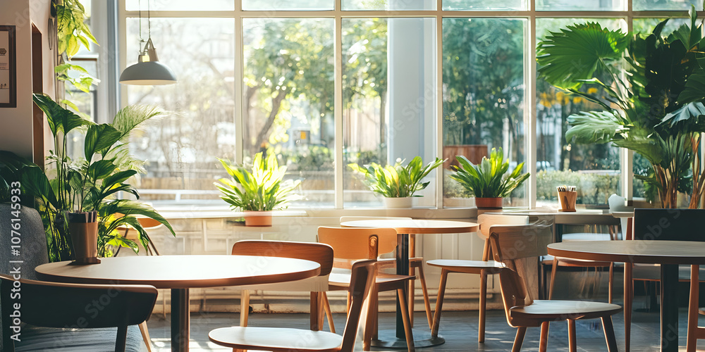 Sunlight streaming through cafe windows, illuminating cozy tables and lush greenery. A haven of peace and natural light, perfect for a coffee break or casual meeting. Sunlight streaming through cafe windows, illuminating cozy tables and lush greenery. A haven of peace and natural light, perfect for a coffee break or casual meeting.