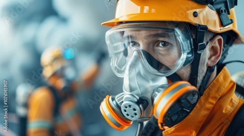 A firefighter adjusting their respirator mask before entering a burning building.