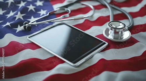 A stethoscope and tablet placed on an American flag, symbolizing healthcare and technology in the USA.