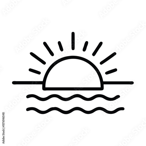 Sunrise icon with waves outline, Vector outline icon of a sunrise with wavy lines, representing dawn, ocean view, and morning light in a minimalist design.
