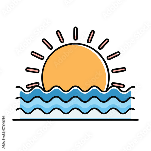 Sunrise over water icon illustration, Vector illustration of a sunrise over wavy water, featuring a yellow sun and blue waves, representing morning, nature, and the sea.
