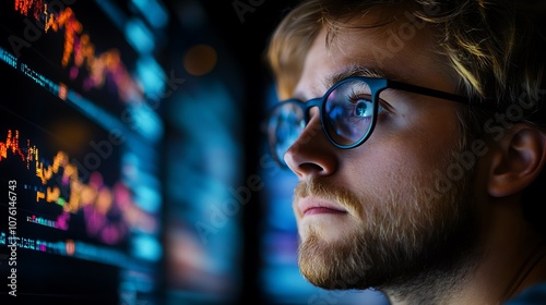 Side view of a programmer's face in deep focus, screens in the background display a complex git commit history with colorful branching paths, modern office setting with ambient blue lighting,