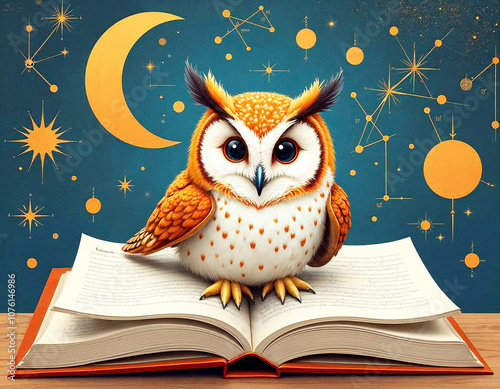 Wise Owl on Open Book Knowledge and Wisdom Concept photo