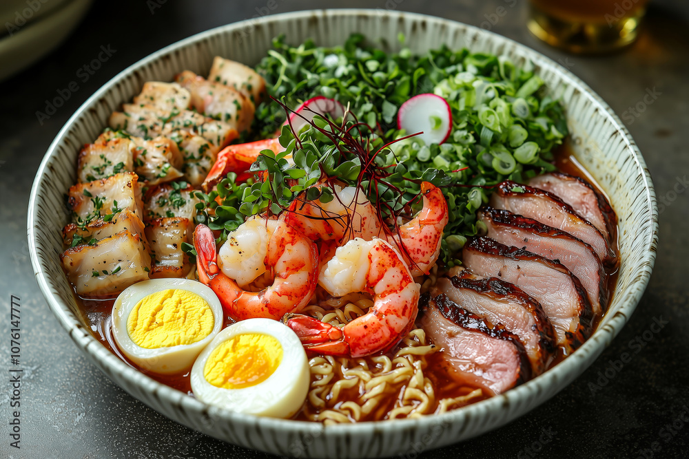Ramen bowl featuring lobster duck meat and creamy coconut milk Ramen bowl featuring lobster duck meat and creamy coconut milk