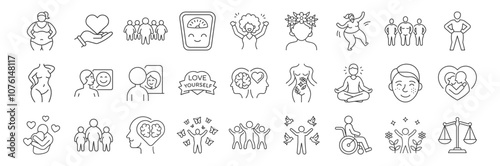 Self-Love, Body Positivity line icon set. Vector pictograms of self-acceptance, mental well-being, curvy silhouette, curly hear, diversity, freckled face, inclusivity thin linear illustration.