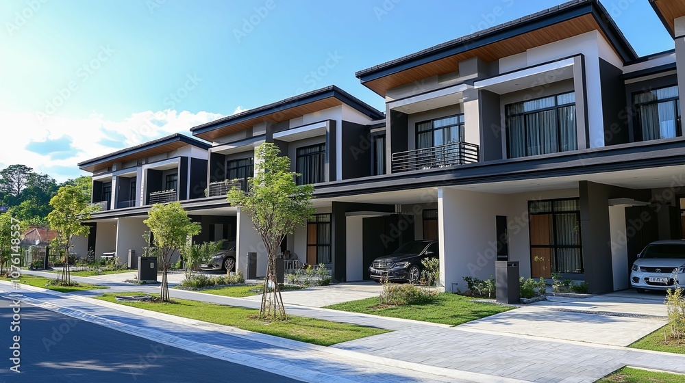 Modern row of houses with a paved driveway and lush greenery Modern row of houses with a paved driveway and lush greenery
