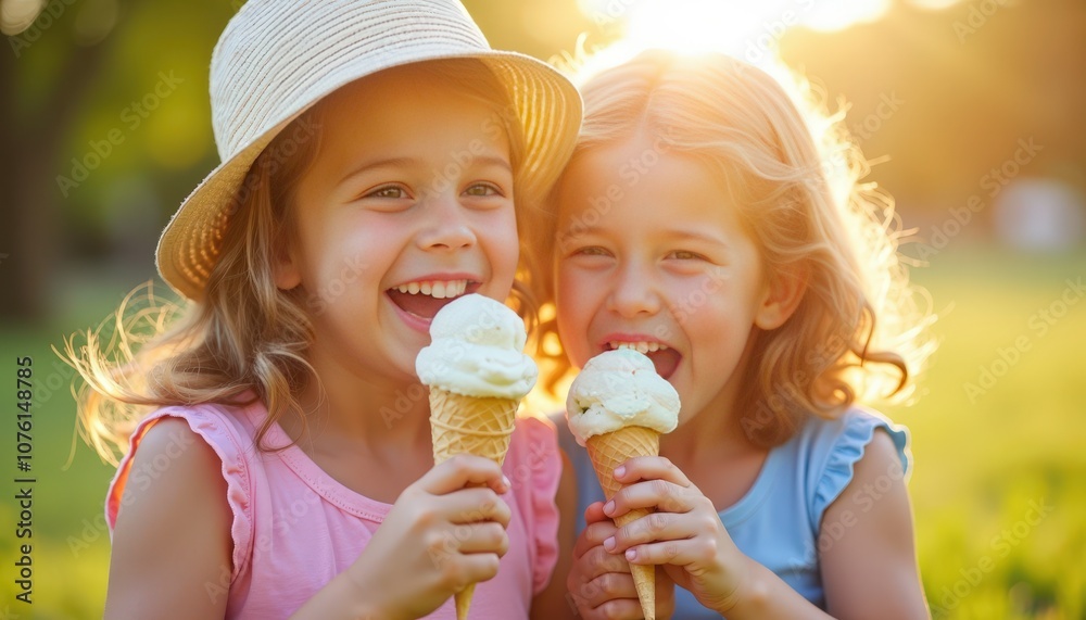 Siblings joyfully sharing an ice cream cone under the sun creating sweet moments on a bright Children’s Day.