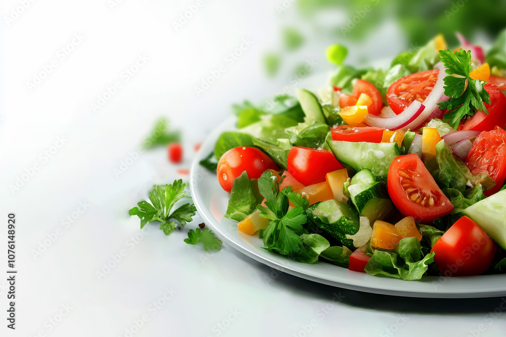 A colorful salad with a variety of vegetables including tomatoes, cucumbers on isolated background. A colorful salad with a variety of vegetables including tomatoes, cucumbers on isolated background.