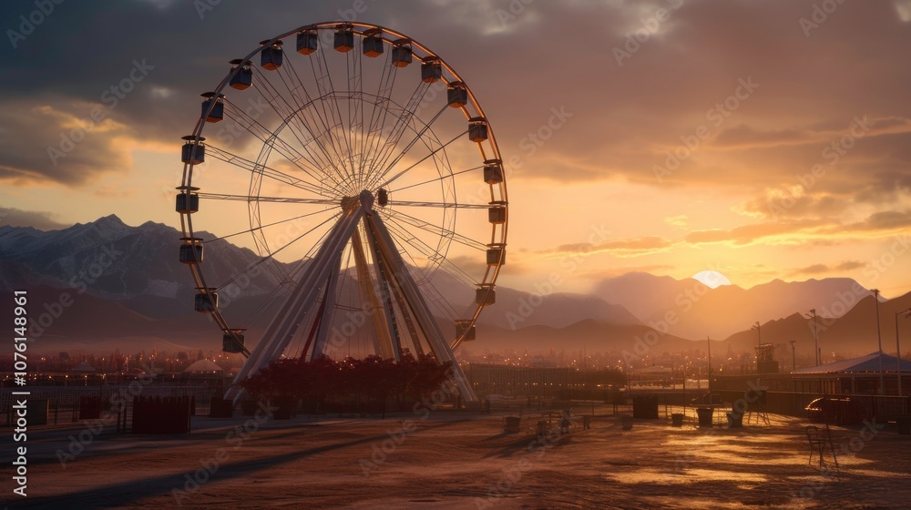 Sunset Over Ferris Wheel and Mountains Sunset Over Ferris Wheel and Mountains